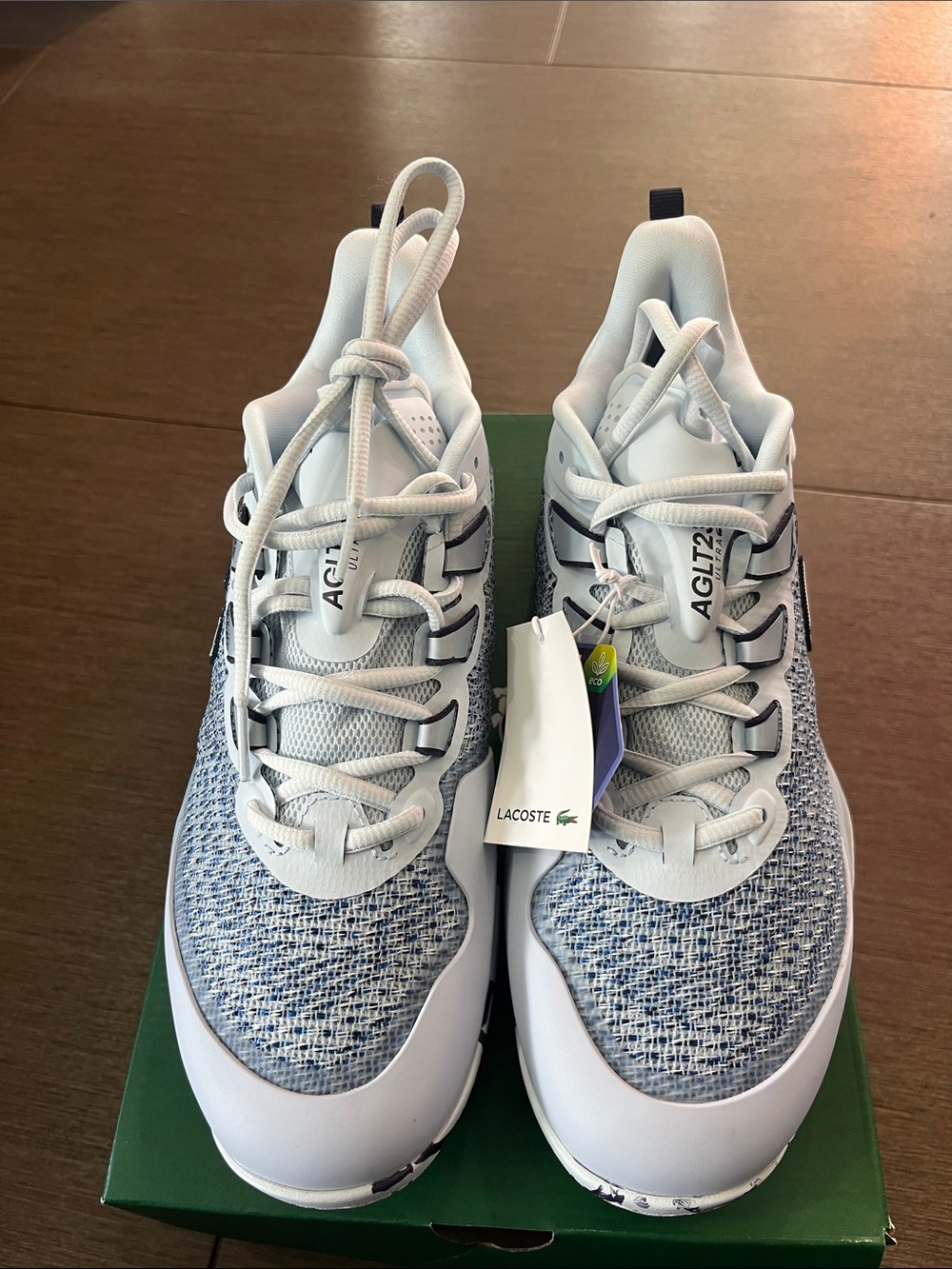 Lacoste Men’s AG-LT23 Light Blue and White Knit Athletic Tennis Court Shoes